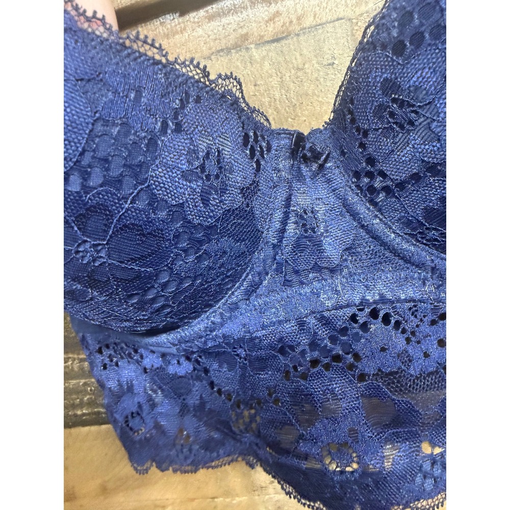 Adored by Adore Me Navy Blue Lace Longline Underwire Bra 34D Floral Mesh Back - Picture 2 of 6